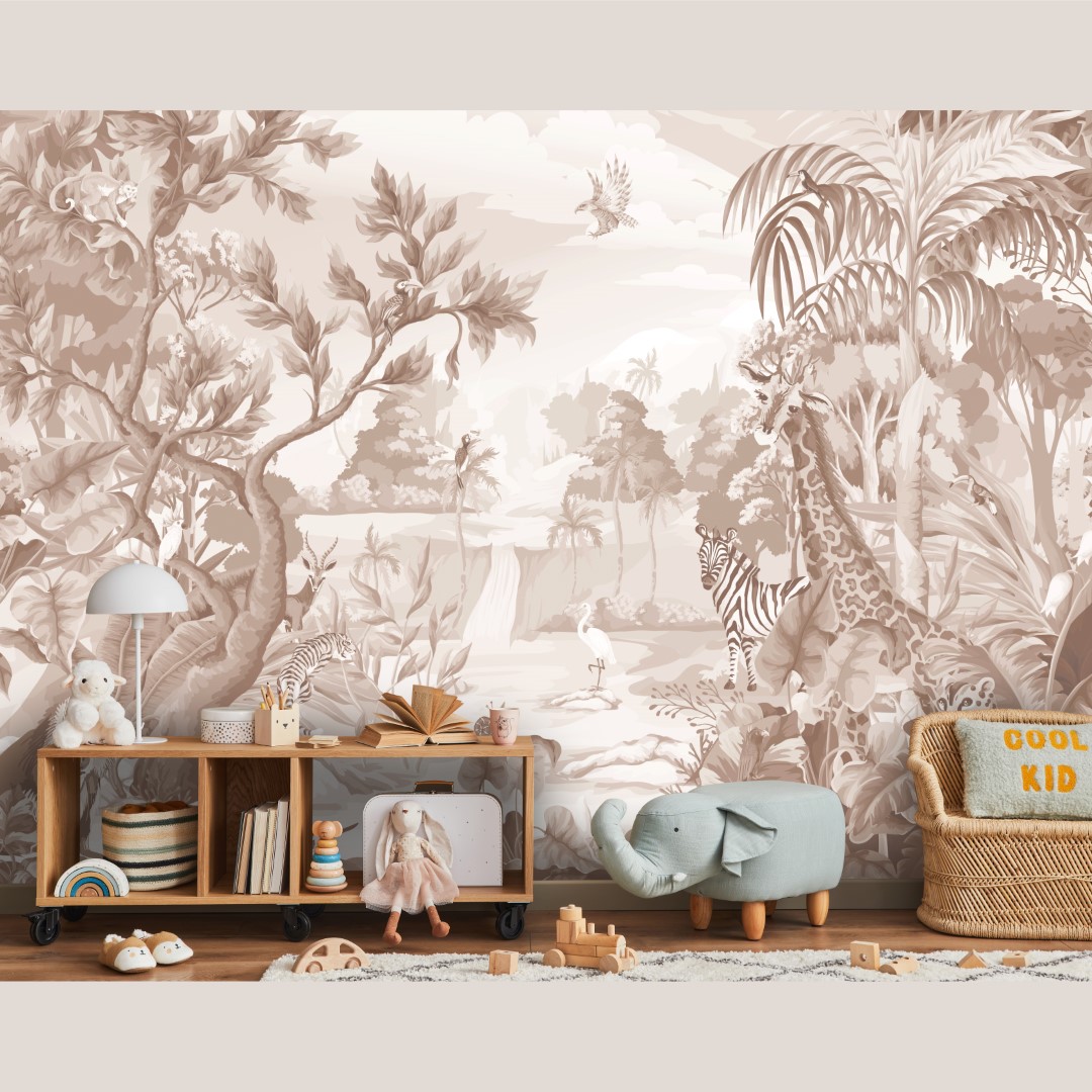 Bruin jungle fotobehang dieren in verschillende kleuren voor kinderkamer en babykamer grote muur