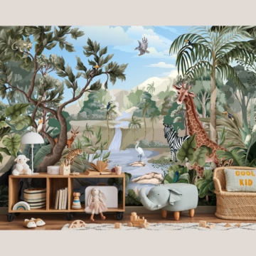 Jungle fotobehang dieren in verschillende kleuren voor kinderkamer en babykamer grote muur