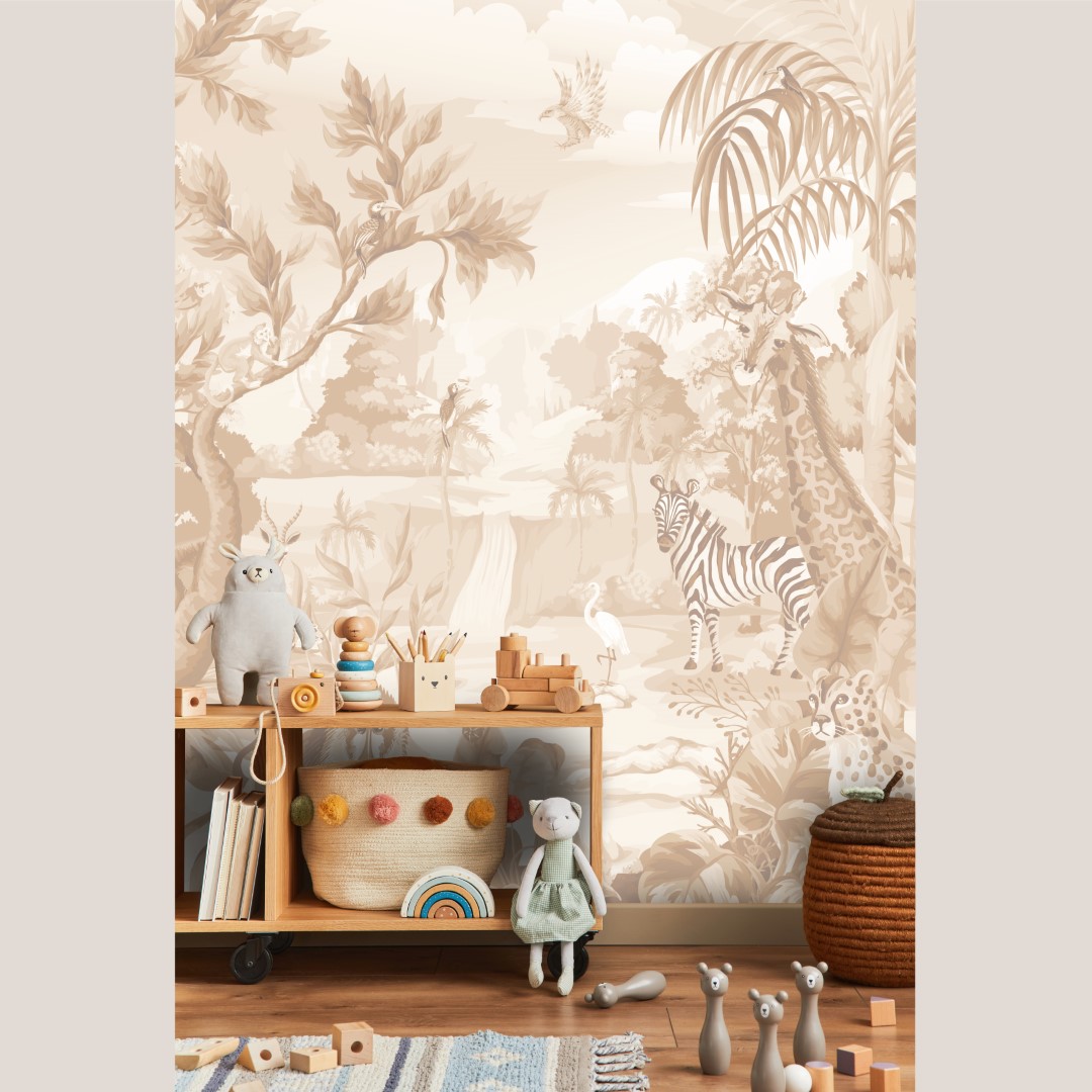 Beige jungle fotobehang dieren in verschillende kleuren voor kinderkamer en babykamer smalle muur