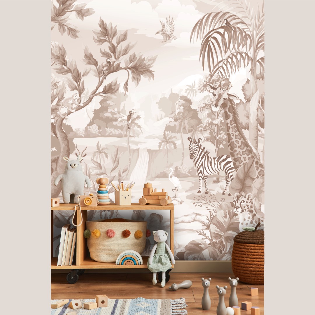 Bruin jungle fotobehang dieren in verschillende kleuren voor kinderkamer en babykamer smalle muur