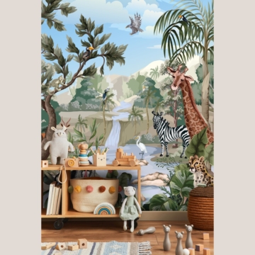 Jungle fotobehang dieren in verschillende kleuren voor kinderkamer en babykamer smalle muur