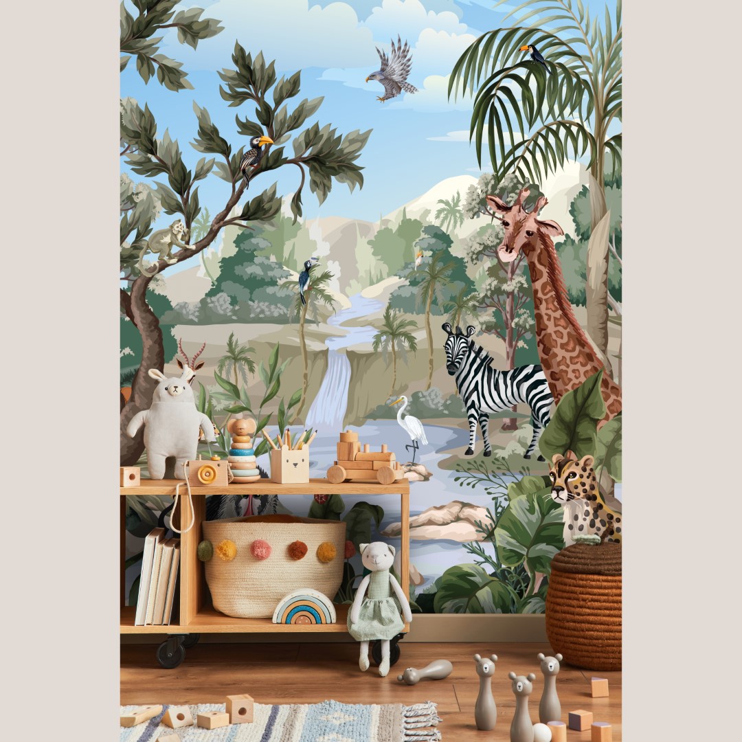 Jungle fotobehang dieren in verschillende kleuren voor kinderkamer en babykamer smalle muur