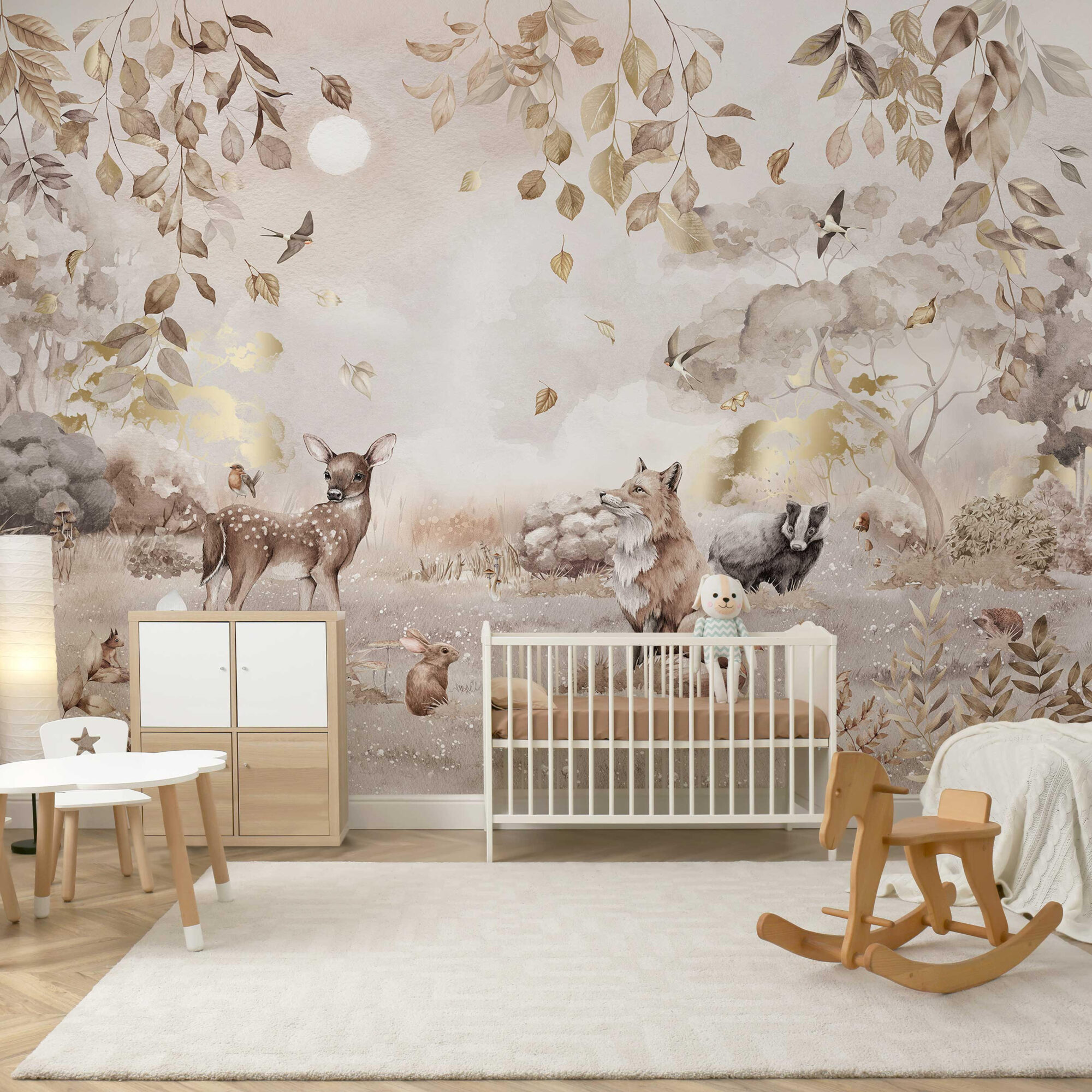 Bosdieren fotobehang met goud sfeerbeeld kinderkamer breed