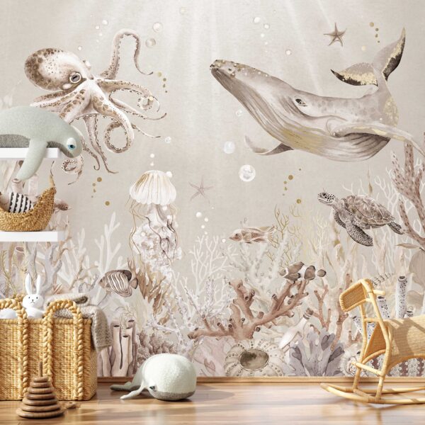 Onderwaterwereld behang met goud kinderkamer sfeerbeeld 1