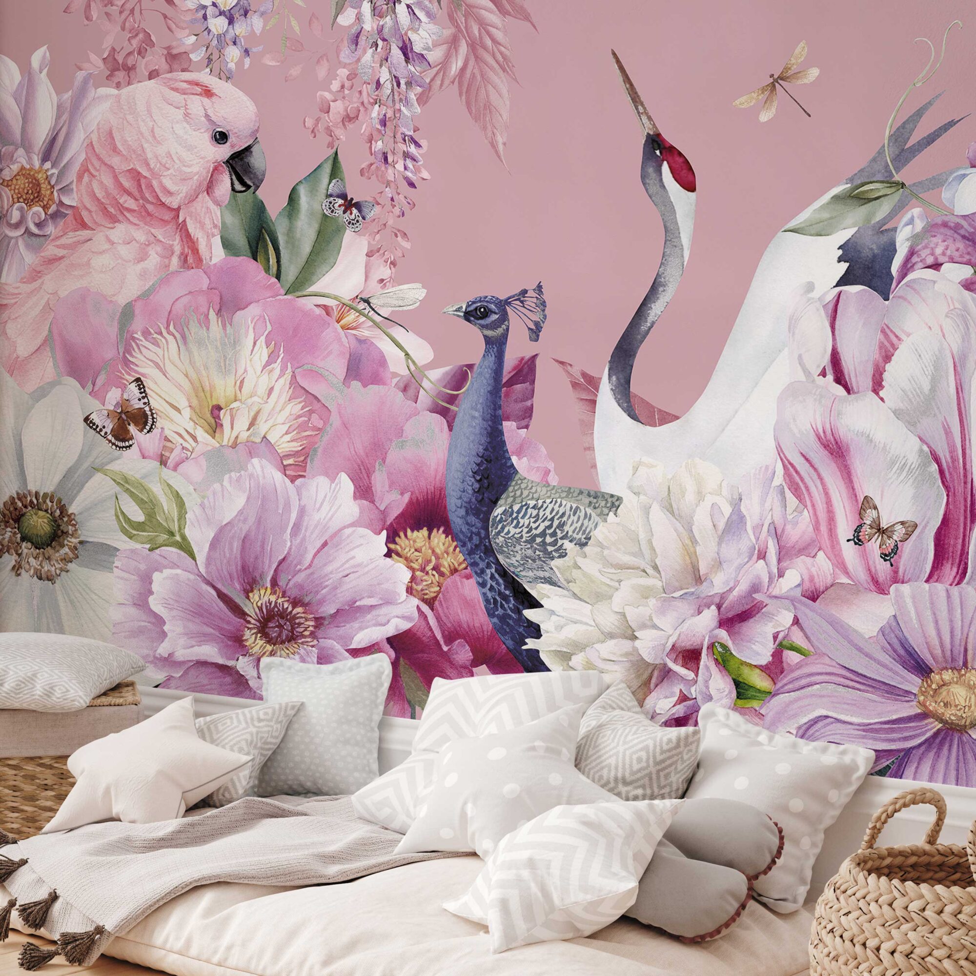 Kraanvogel behang kinderkamer met zilver sfeerbeeld 2