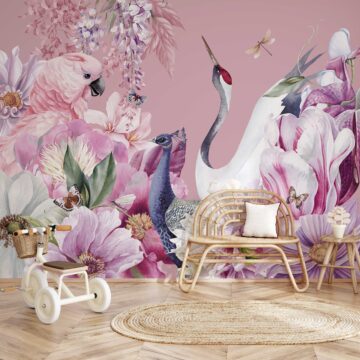 Kraanvogel behang kinderkamer met zilver sfeerbeeld 1