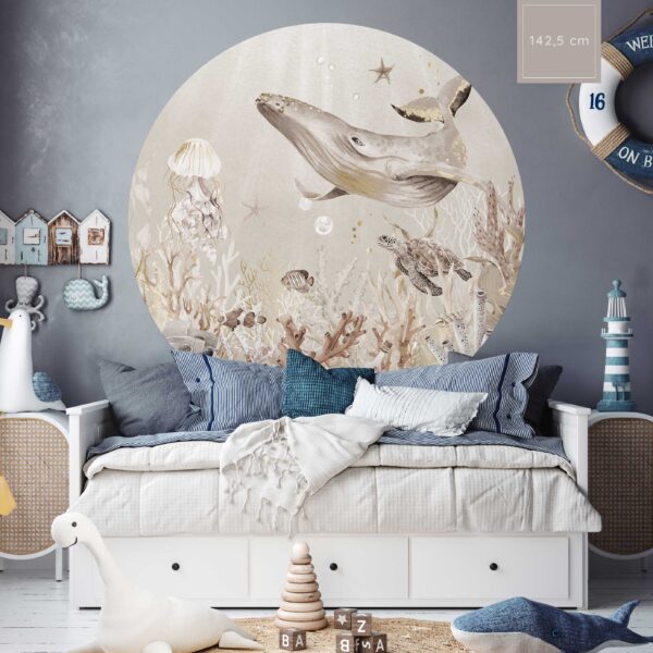 Behangcirkel zeedieren onderwaterwereld met goud 142,5 cm sfeerbeeld afbeelding