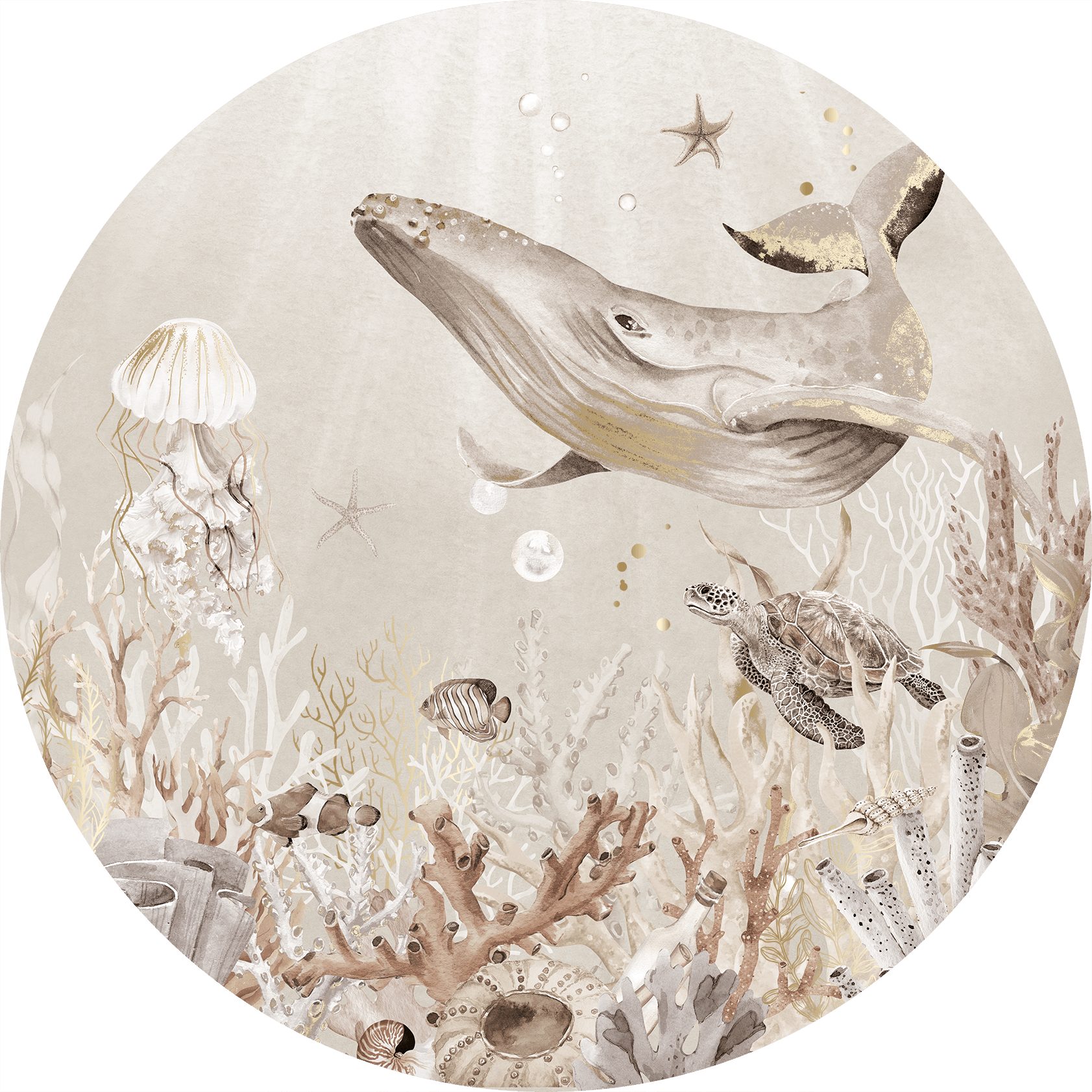 Behangcirkel zeedieren onderwaterwereld ingezoomd met goud afbeelding