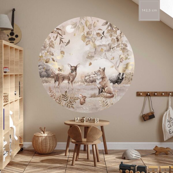 Behangcirkel 142,5cm kinderkamer bosdieren met goud sfeerbeeld 1