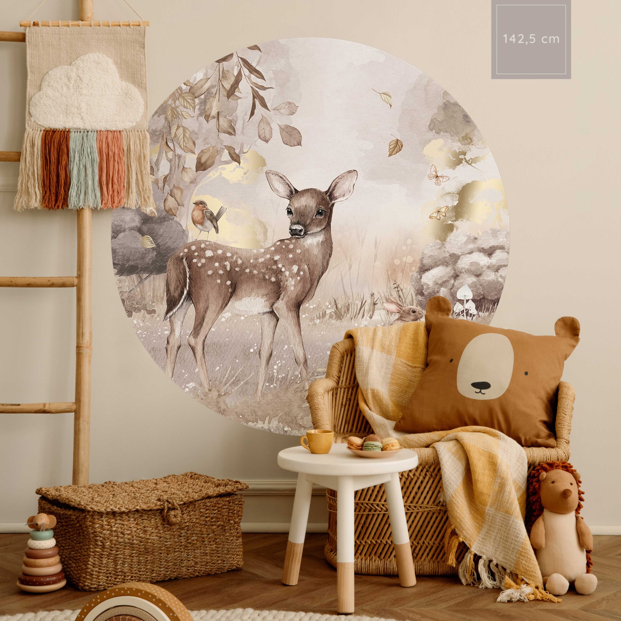 Behangcirkel 142,5cm kinderkamer hert met goud sfeerbeeld 2