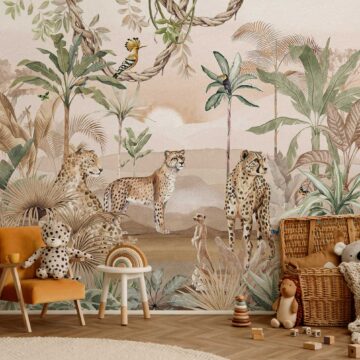 Cheeta behang beige taupe bruin met brons metallic kinderkamer sfeerbeeld 1