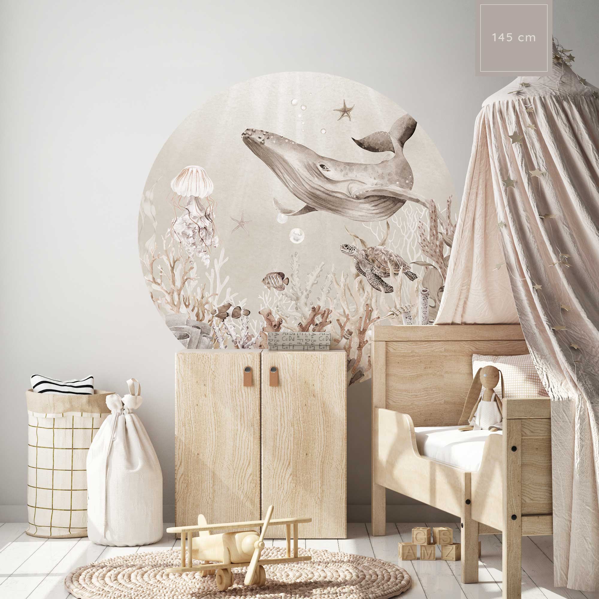 Muursticker onderwaterwereld zeedieren beige bruin taupe 145cm kinderkamer