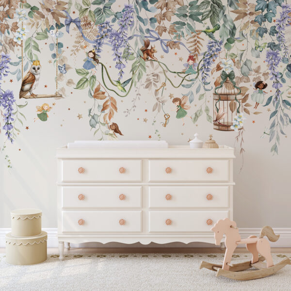 Droomvlucht behang met elfjes en reflecterend metallic brond in kinderkamer main image